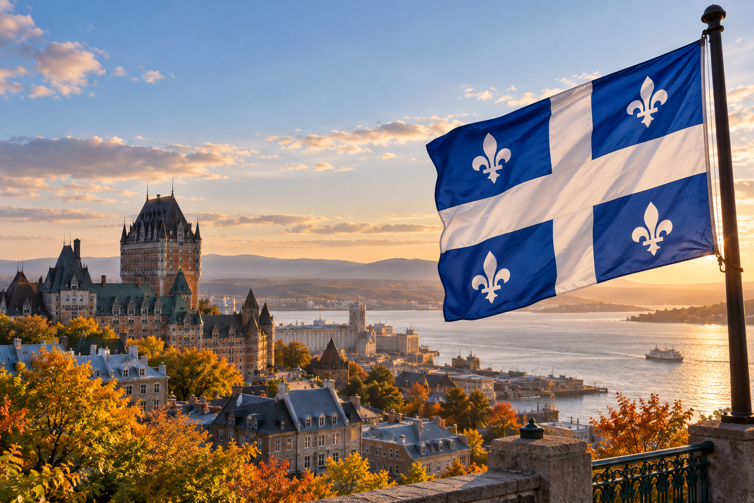 Illustration d’un drapeau québécois au-dessus du Vieux-Québec à la lumière du matin